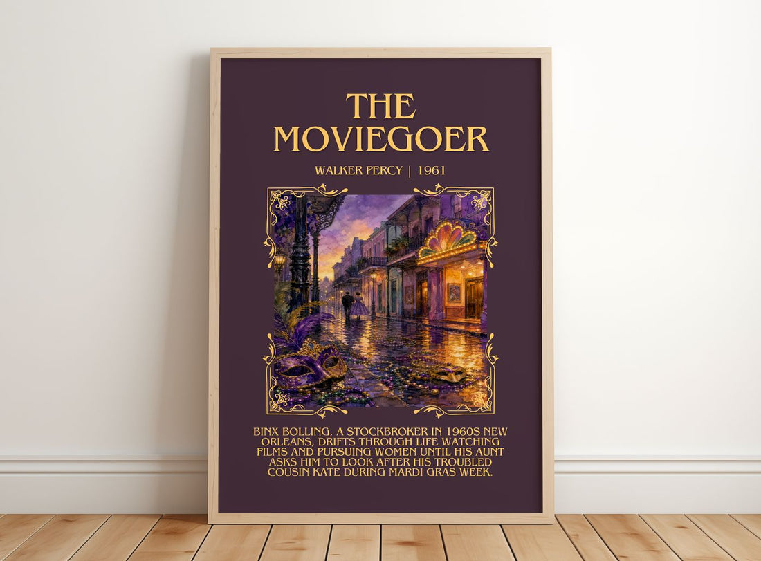 The Moviegoer Minimalist Book Poster by Walker Percy – framed print leaning on a wooden floor
