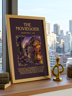 The Moviegoer Minimalist Book Poster by Walker Percy – framed print on a city-view windowsill