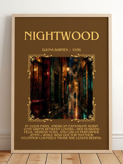 Nightwood Minimalist Book Poster by Djuna Barnes – framed print leaning on a wooden floor
