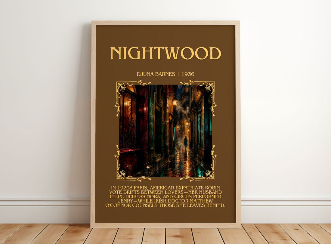 Nightwood Minimalist Book Poster by Djuna Barnes – framed print leaning on a wooden floor