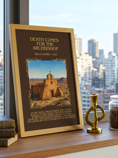 Death Comes for the Archbishop Minimalist Book Poster by Willa Cather – framed print on a city-view windowsill