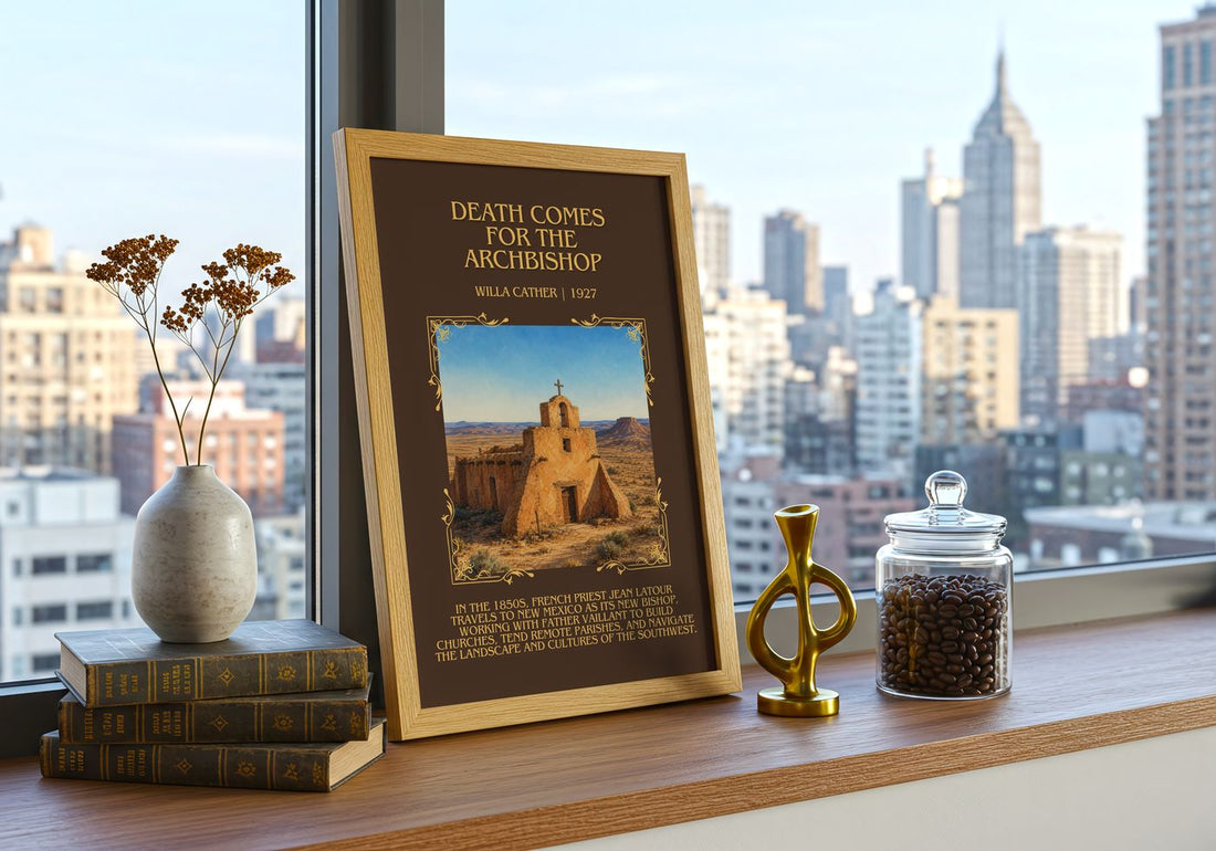 Death Comes for the Archbishop Minimalist Book Poster by Willa Cather – framed print on a city-view windowsill