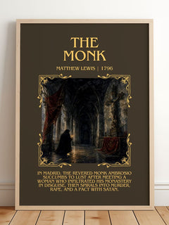 The Monk Minimalist Book Poster by Matthew Lewis – framed print leaning on a wooden floor