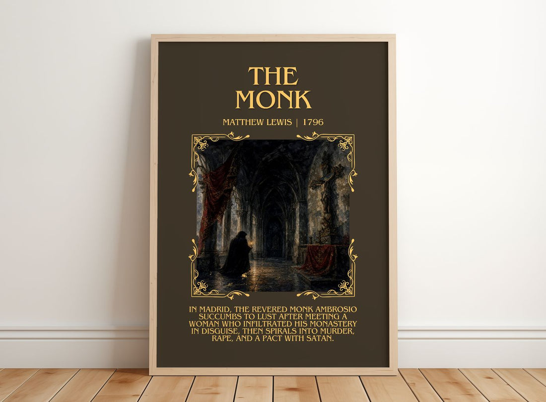The Monk Minimalist Book Poster by Matthew Lewis – framed print leaning on a wooden floor
