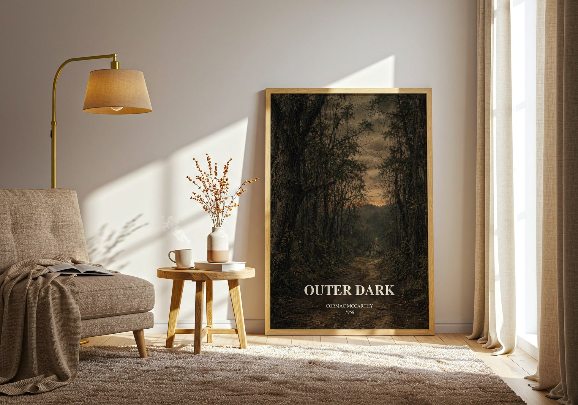Outer Dark watercolour print in frame leaning in hallway – literary fiction wall art