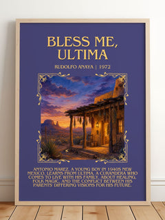 Bless Me, Ultima Minimalist Book Poster by Rudolfo Anaya – framed print leaning on a wooden floor