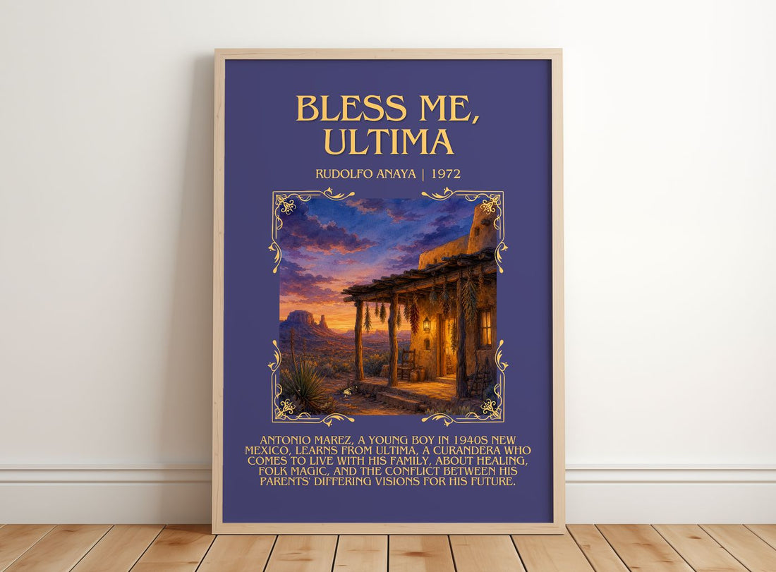 Bless Me, Ultima Minimalist Book Poster by Rudolfo Anaya – framed print leaning on a wooden floor