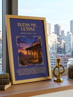 Bless Me, Ultima Minimalist Book Poster by Rudolfo Anaya – framed print on a city-view windowsill