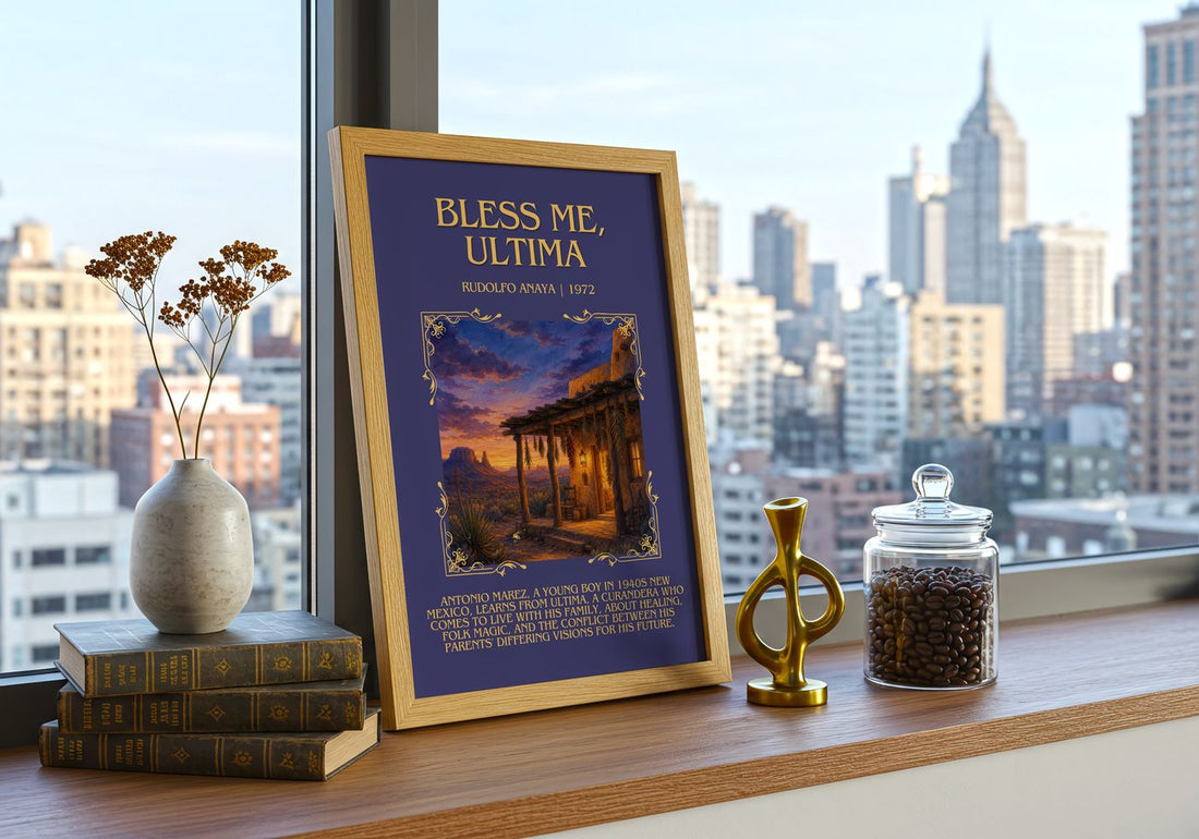 Bless Me, Ultima Minimalist Book Poster by Rudolfo Anaya – framed print on a city-view windowsill