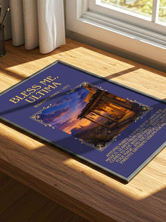 Bless Me, Ultima Minimalist Book Poster by Rudolfo Anaya – print on a sunlit desk