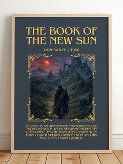 The Book of the New Sun Minimalist Book Poster by Gene Wolfe – framed print leaning on a wooden floor