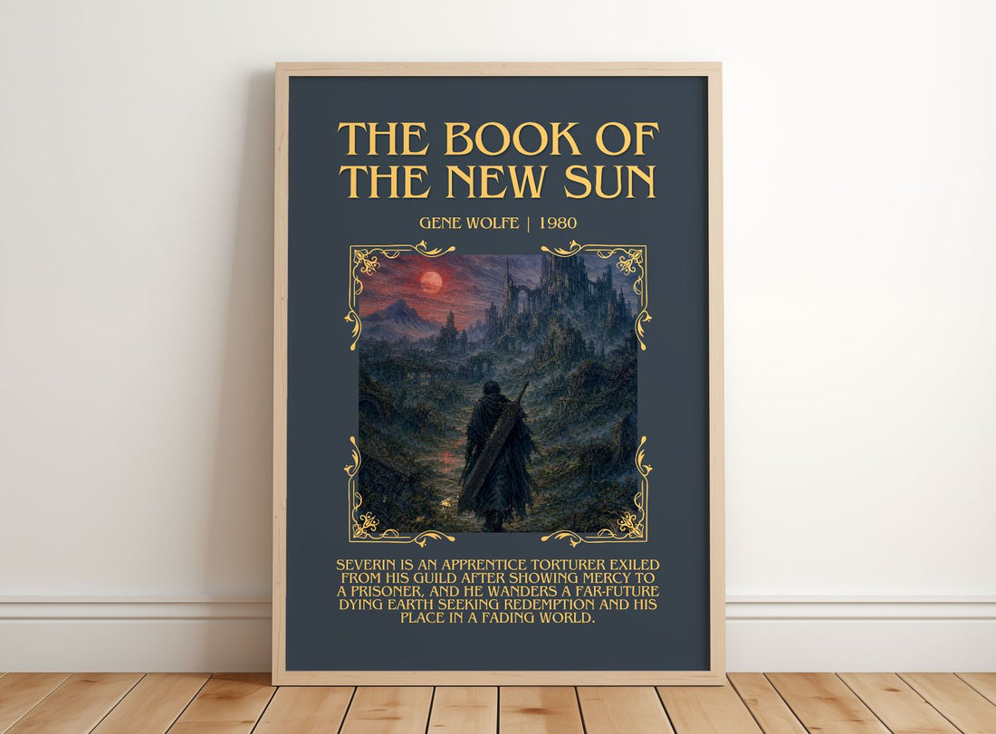 The Book of the New Sun Minimalist Book Poster by Gene Wolfe – framed print leaning on a wooden floor