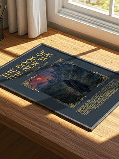 The Book of the New Sun Minimalist Book Poster by Gene Wolfe – print on a sunlit desk