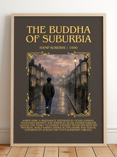 The Buddha of Suburbia Minimalist Book Poster by Hanif Kureishi – framed print leaning on a wooden floor