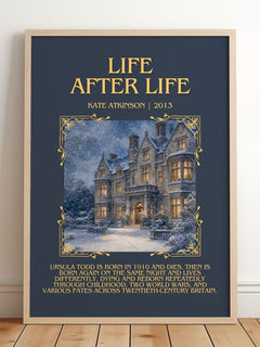 Life After Life Minimalist Book Poster by Kate Atkinson – framed print leaning on a wooden floor