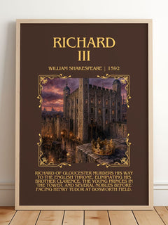 Richard III Minimalist Book Poster by William Shakespeare – framed print leaning on a wooden floor