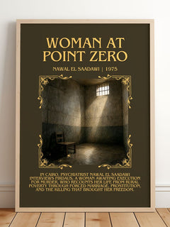 Woman at Point Zero Minimalist Book Poster by Nawal El Saadawi – framed print leaning on a wooden floor