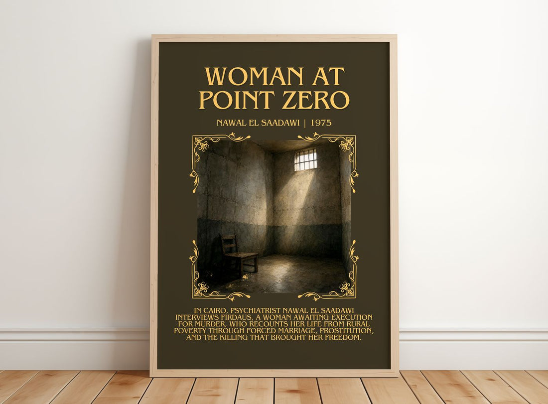 Woman at Point Zero Minimalist Book Poster by Nawal El Saadawi – framed print leaning on a wooden floor