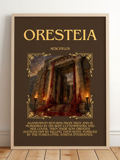 Oresteia Minimalist Book Poster by Aeschylus – framed print leaning on a wooden floor