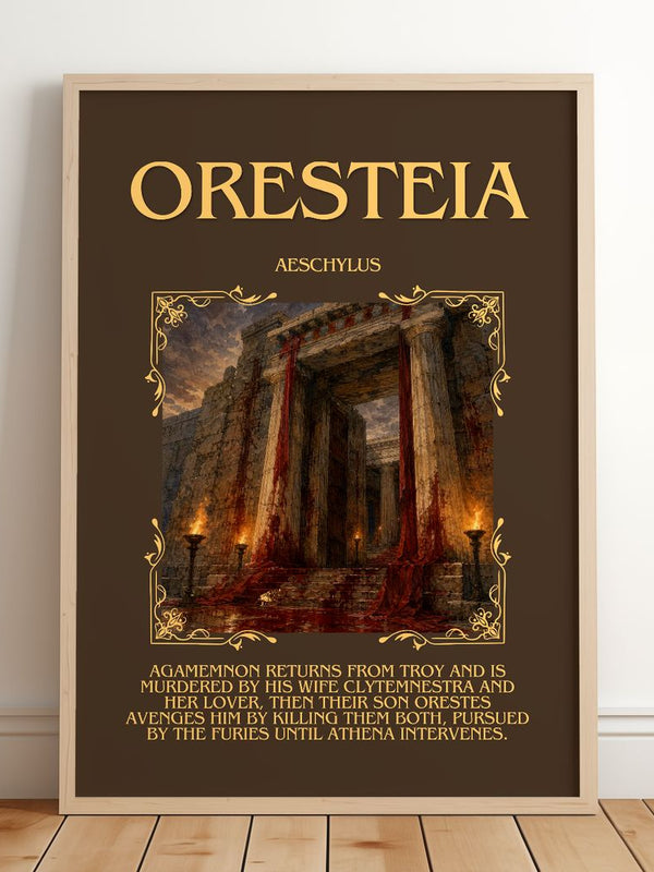 Oresteia Minimalist Book Poster by Aeschylus – framed print leaning on a wooden floor