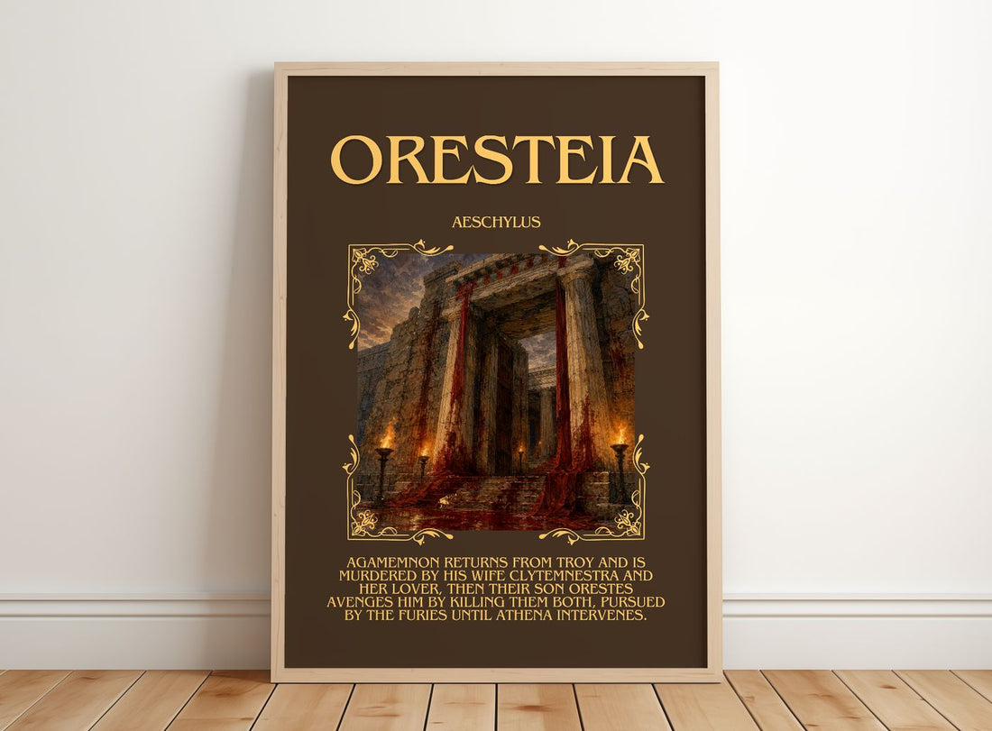 Oresteia Minimalist Book Poster by Aeschylus – framed print leaning on a wooden floor