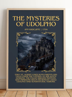 The Mysteries of Udolpho Minimalist Book Poster by Ann Radcliffe – framed print leaning on a wooden floor
