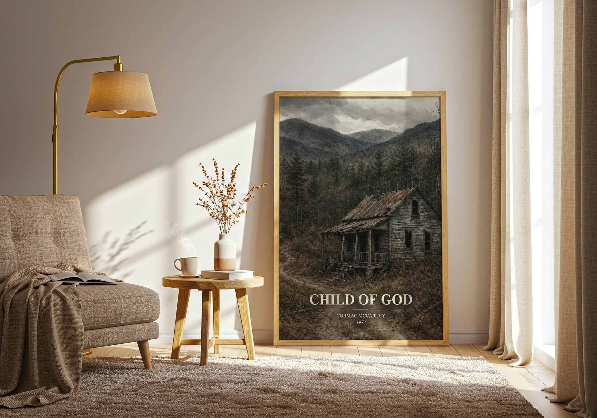 Child Of God watercolour print in frame leaning in hallway – literary fiction wall art