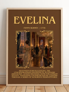 Evelina Minimalist Book Poster by Fanny Burney – framed print leaning on a wooden floor