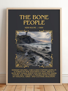 The Bone People Minimalist Book Poster by Keri Hulme – framed print leaning on a wooden floor