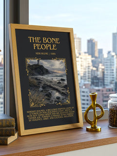 The Bone People Minimalist Book Poster by Keri Hulme – framed print on a city-view windowsill