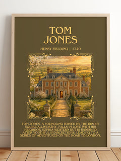 Tom Jones Minimalist Book Poster by Henry Fielding – framed print leaning on a wooden floor