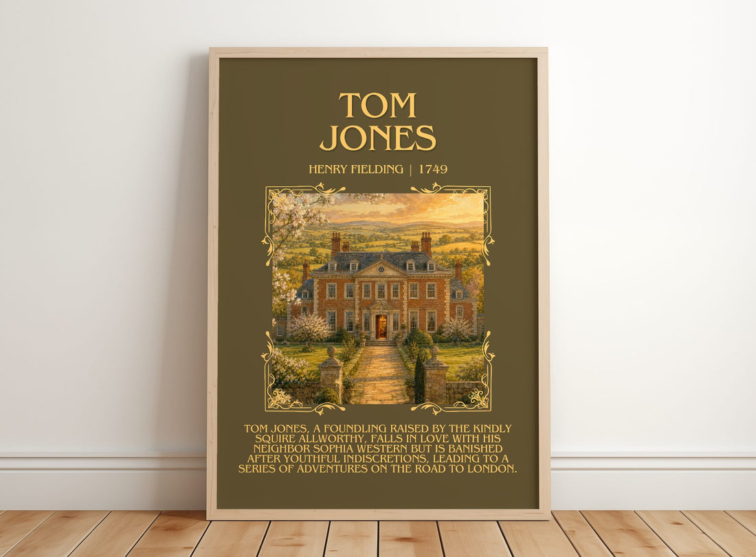 Tom Jones Minimalist Book Poster by Henry Fielding – framed print leaning on a wooden floor