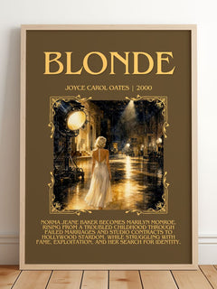 Blonde Minimalist Book Poster by Joyce Carol Oates – framed print leaning on a wooden floor