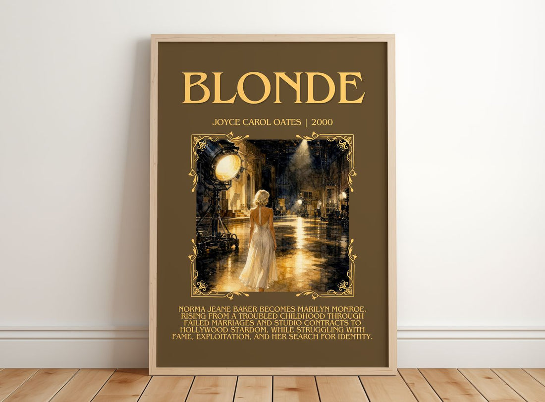Blonde Minimalist Book Poster by Joyce Carol Oates – framed print leaning on a wooden floor