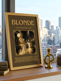 Blonde Minimalist Book Poster by Joyce Carol Oates – framed print on a city-view windowsill