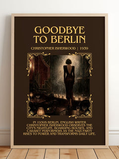 Goodbye to Berlin Minimalist Book Poster by Christopher Isherwood – framed print leaning on a wooden floor