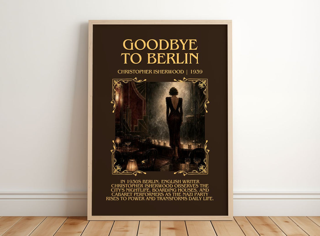 Goodbye to Berlin Minimalist Book Poster by Christopher Isherwood – framed print leaning on a wooden floor