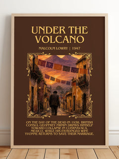 Under the Volcano Minimalist Book Poster by Malcolm Lowry – framed print leaning on a wooden floor
