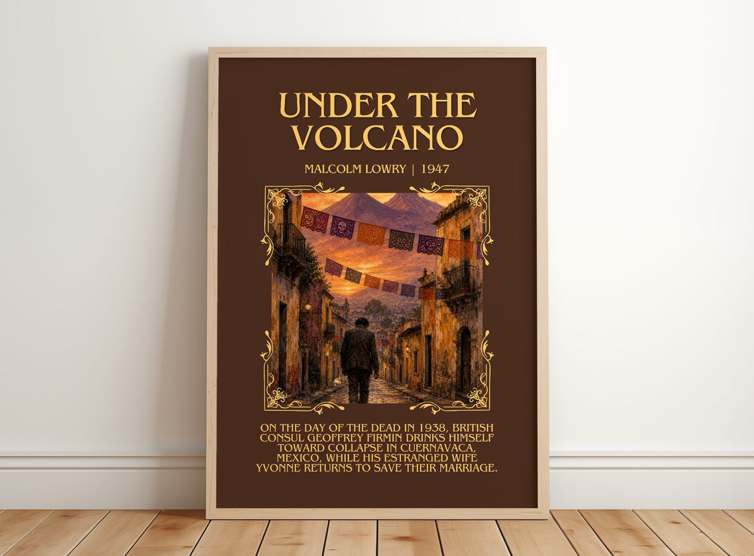 Under the Volcano Minimalist Book Poster by Malcolm Lowry – framed print leaning on a wooden floor