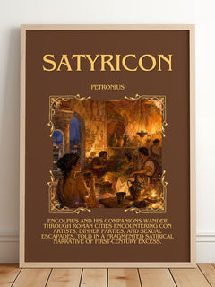 Satyricon Minimalist Book Poster by Petronius – framed print leaning on a wooden floor