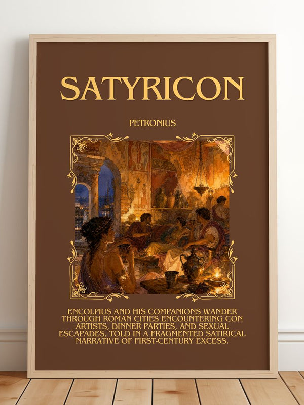 Satyricon Minimalist Book Poster by Petronius – framed print leaning on a wooden floor
