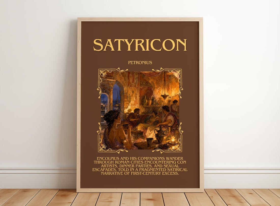 Satyricon Minimalist Book Poster by Petronius – framed print leaning on a wooden floor