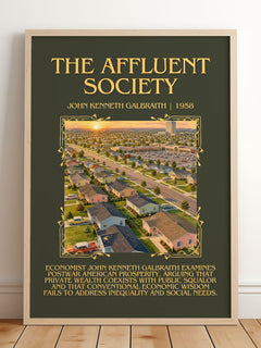 The Affluent Society Minimalist Book Poster by John Kenneth Galbraith – framed print leaning on a wooden floor