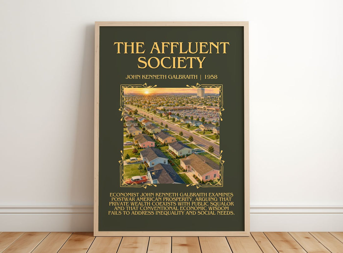 The Affluent Society Minimalist Book Poster by John Kenneth Galbraith – framed print leaning on a wooden floor