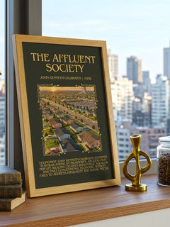 The Affluent Society Minimalist Book Poster by John Kenneth Galbraith – framed print on a city-view windowsill