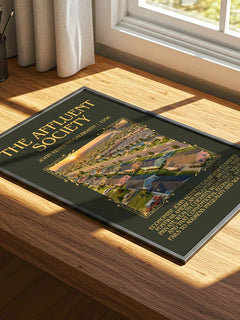 The Affluent Society Minimalist Book Poster by John Kenneth Galbraith – print on a sunlit desk