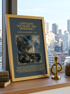 Capitalism, Socialism, and Democracy Minimalist Book Poster by Joseph A. Schumpeter – framed print on a city-view windowsill