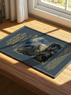 Capitalism, Socialism, and Democracy Minimalist Book Poster by Joseph A. Schumpeter – print on a sunlit desk