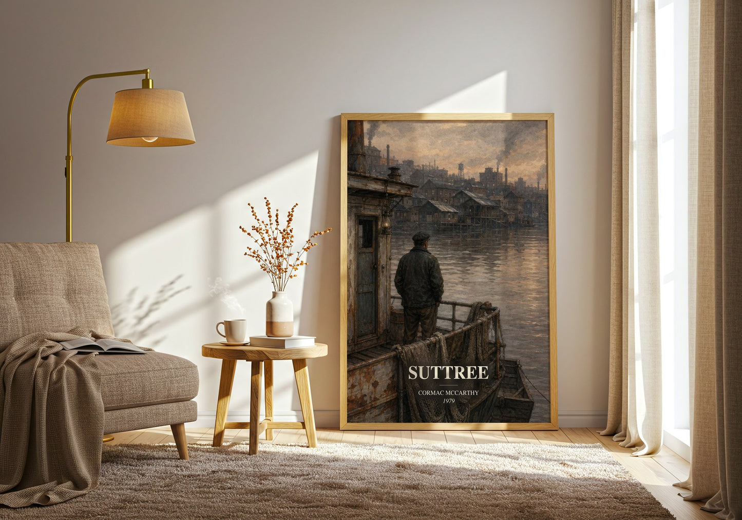 Suttree watercolour print in frame leaning in hallway – literary fiction wall art