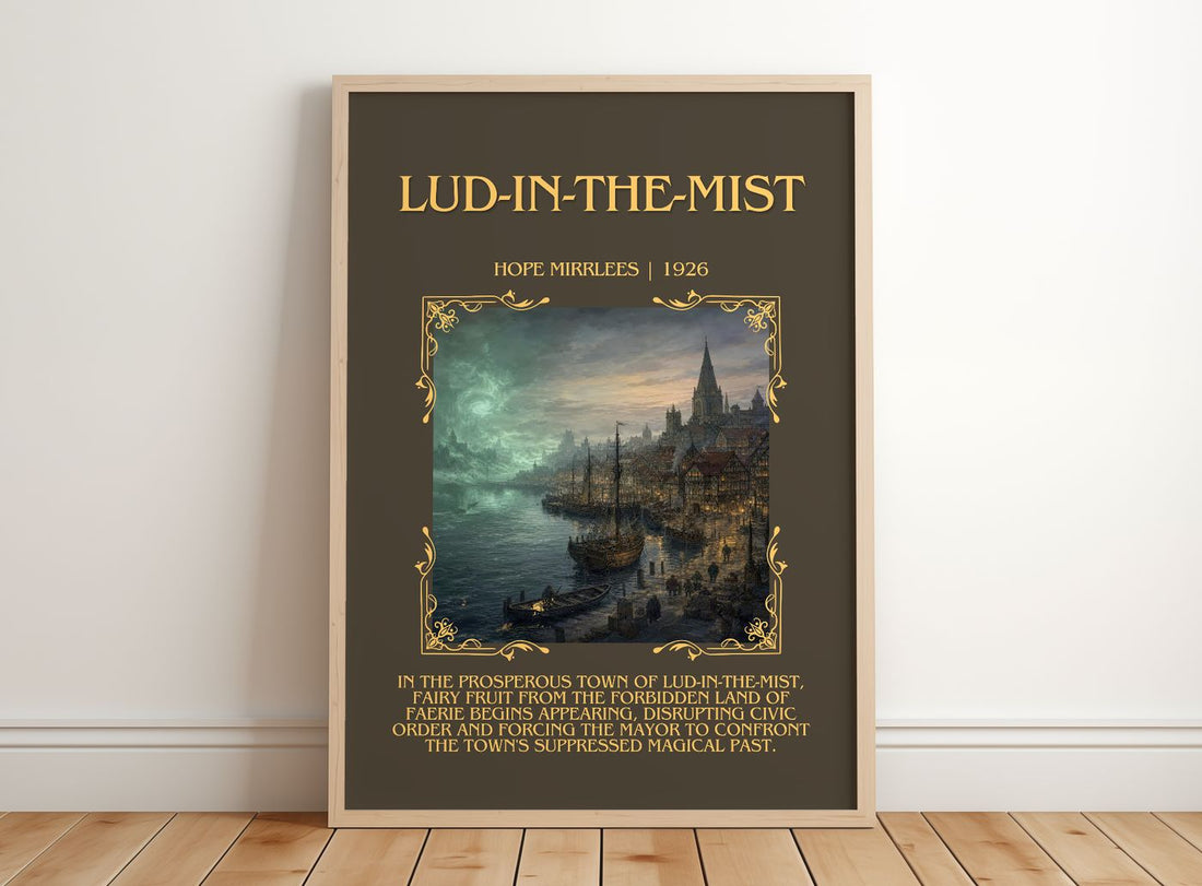 Lud-in-the-Mist Minimalist Book Poster by Hope Mirrlees – framed print leaning on a wooden floor